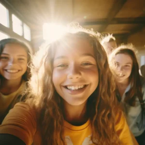 Lachendes Mädchen, im Hintergrund weitere lachende Mädchen und eine Sonne.