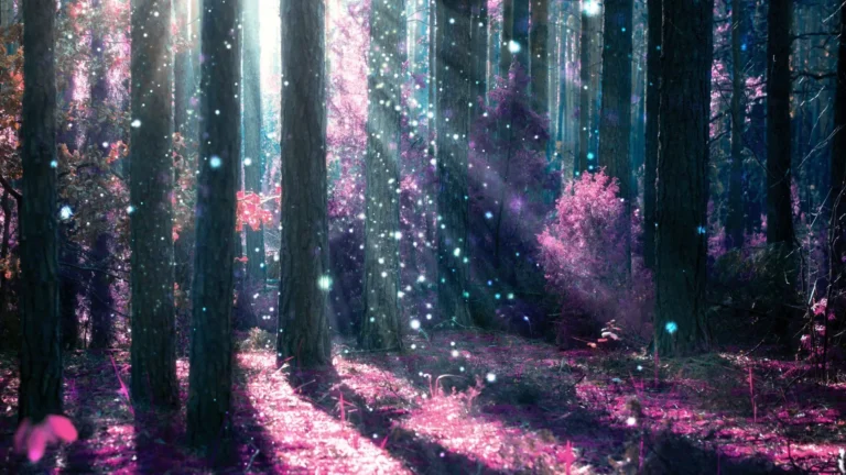 Bild von mystischen Wald in pink und violett tönen