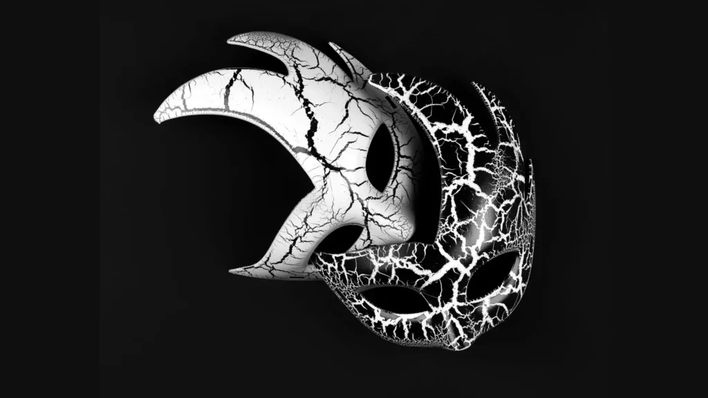 Das Bild zeigt zwei stilisierte Masken mit brüchiger, rissiger Oberfläche – eine weiß, eine schwarz – vor einem tiefschwarzen Hintergrund. Es steht sinnbildlich für das psychologische Phänomen des Masking und die schützenden Rollen, die Menschen mit ADHS, Hochsensibilität oder Beziehungstrauma übernehmen. Die Risse symbolisieren den inneren Druck, die Erschöpfung und den Moment, in dem das falsche Selbst zu brechen beginnt.