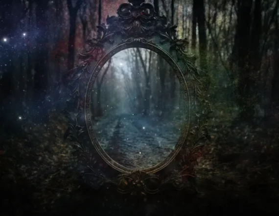 Alter, antiker Spiegel im Wald mit mystischer, dunkler Stimmung